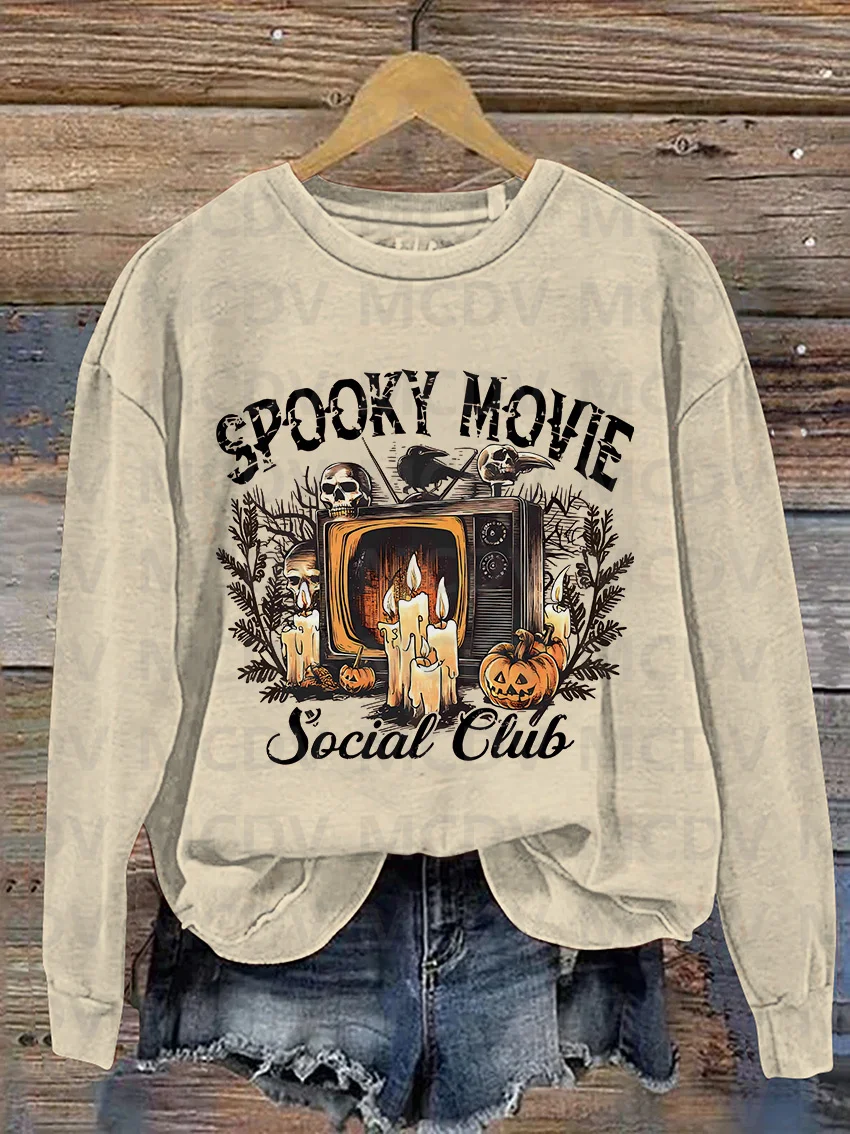 Spooky Movie Social Club Halloween Casual Print Sweatshirt