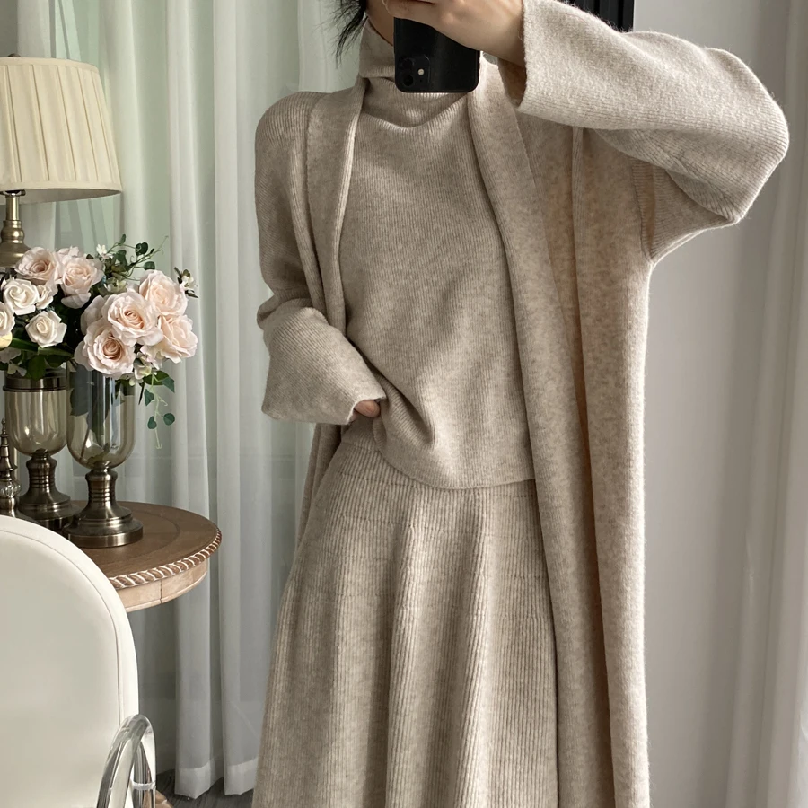 

Ele Knitted Vest Long Sweater Coat And Flared Skirt Tee Piece Set for Women Autumn Winter High Quali Ladieswear