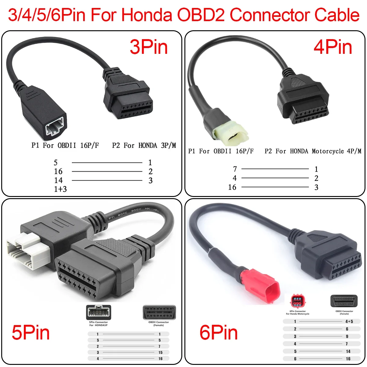 3/4/5/6pin OBD 2 Cable for Honda OBD Adapter OBD2 OBDII Connector Cable 16Pin for HOND-A Moto OBD Extension Cable