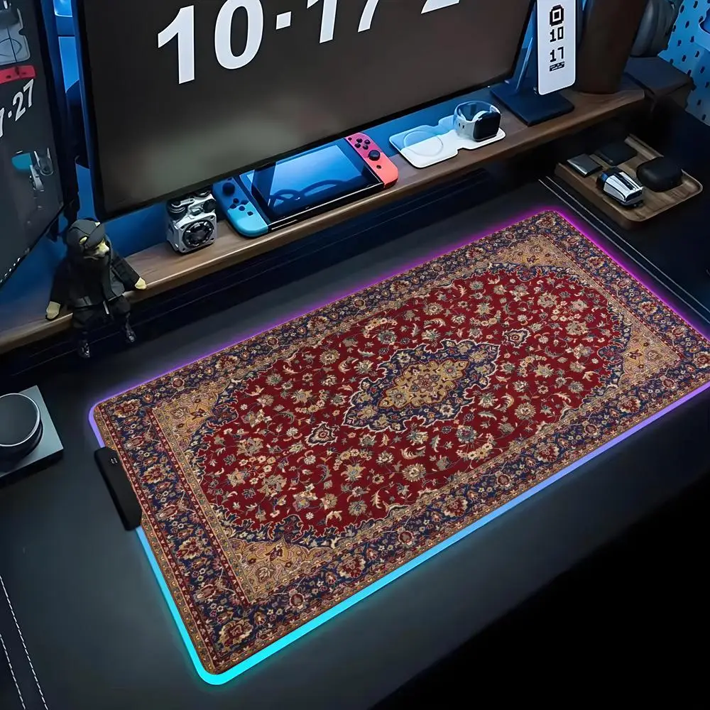 Indian religious carpet RGB Gaming Mousepad Big LED Pad PC Desk Mat Luminous Mouse Pad Large Keyboard Mats Table Rug