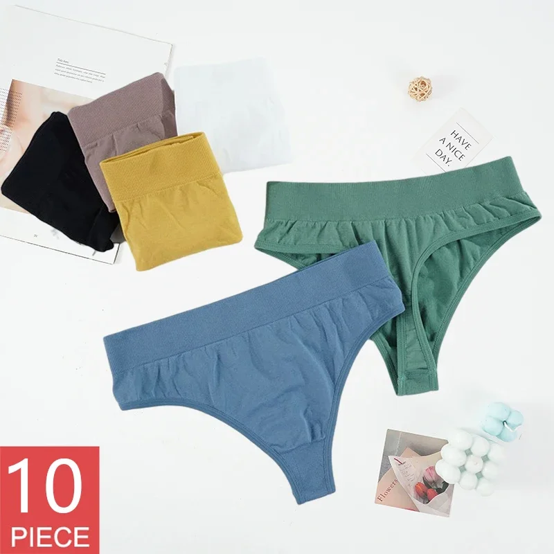 

10 PCS/SET Women's Thong Cotton Panties Sexy Panties G-String Solid Color Seamless Thongs Mid Waist Female Intimate Underwear