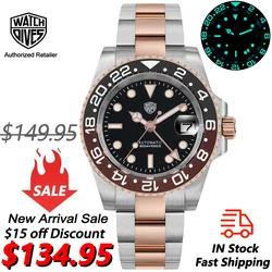 Watchdives WD16760 GMT Watch NH34 Movement Stainless Steel Sapphire Crystal GMT Watches BGW9 Luminous 300m Waterproof Wristwatch