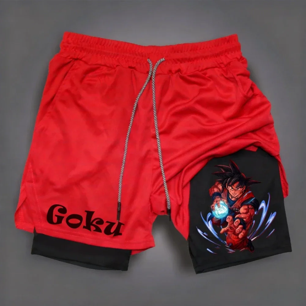 Dragon Ball Son Goku Herren-Shorts mit doppelter Schicht, schnell trocknend, für den Sommer, Anime, Sport, Fitness, lockere Turnhose, gefälschte zweiteilige Hose