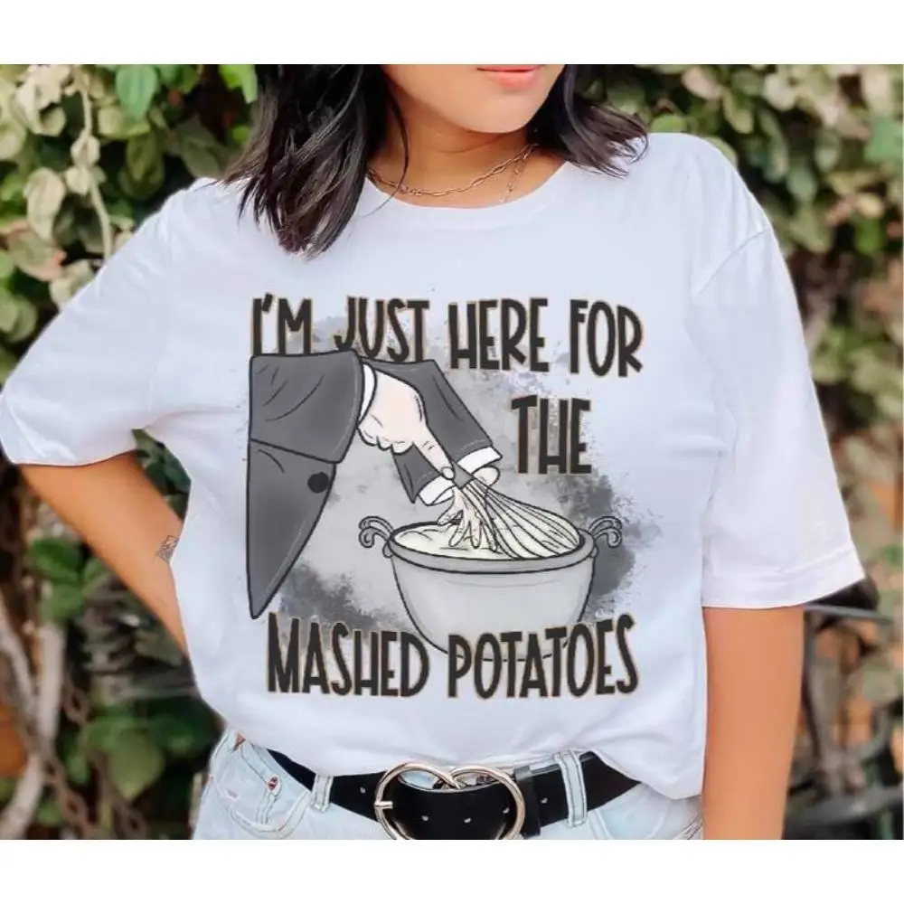 

Women's Funny Graphic Tee, "I'm Just Here For The Mashed Potatoes" Print, Casual Foodie Party Top