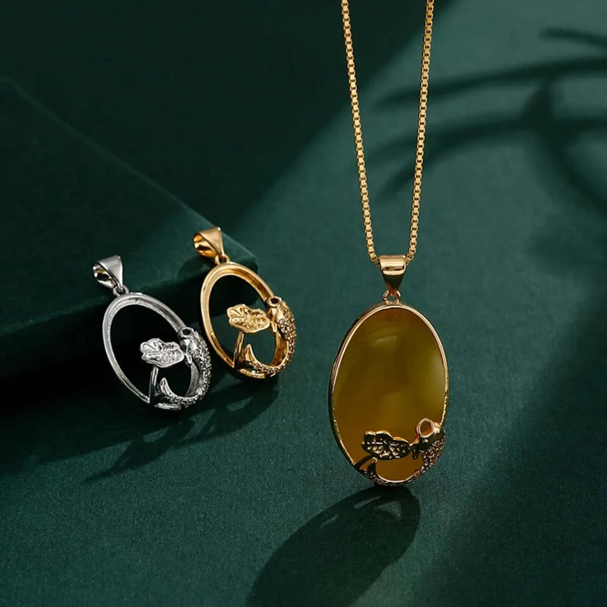 2Pcs/lot Lotus Fish Copper Pendant Blank Bracket For Install Oval Gemstone DIY Necklace Charm Jewelry Making Accessories