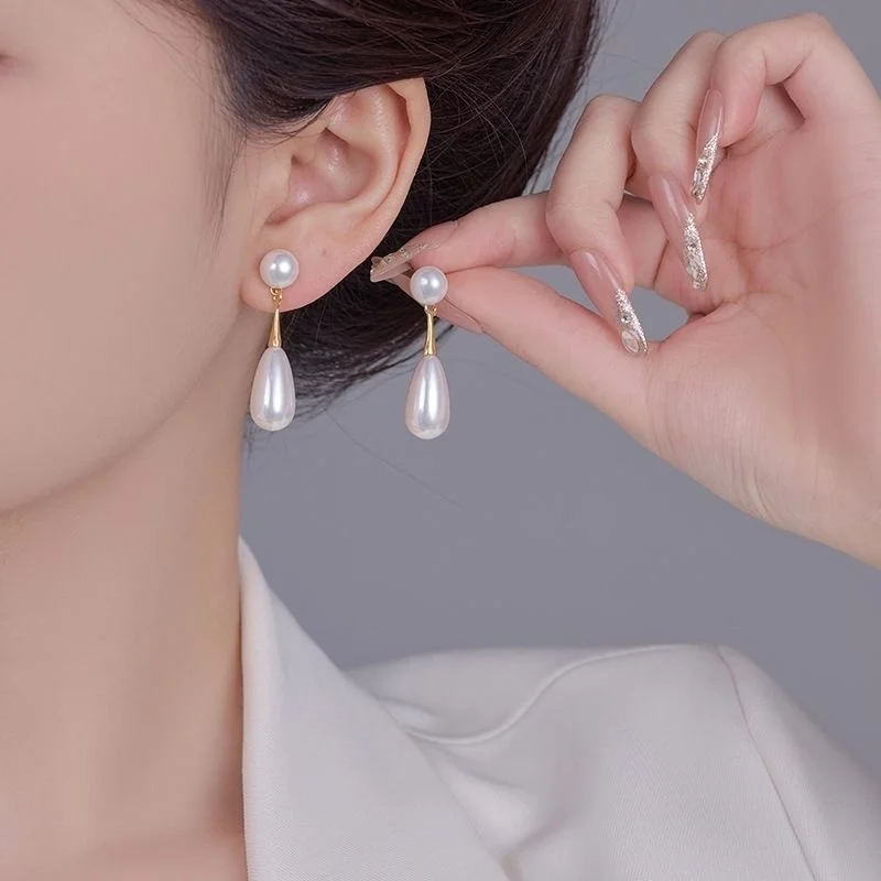 Elegante, einfache Perlen-Clip-Ohrringe mit Wassertropfen-Design, geometrischer Charm-Anhänger, künstliche Perle, ohne Piercing, für Damen, Hochzeitsschmuck