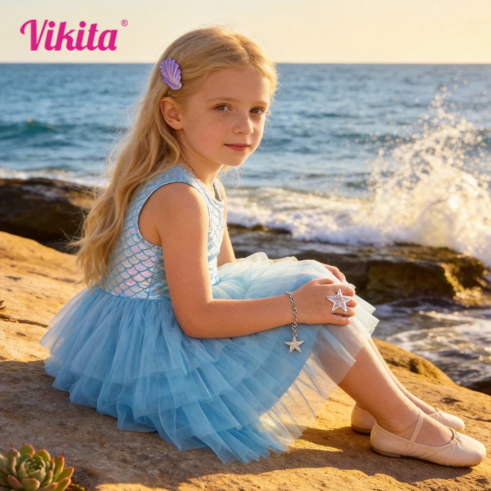 

Kids Sparkling Mermaid Print Blue Dress Kids Sleeveless Summer Birthday Party Princess Prom Gown Layered Tutu Cosplay Dresses