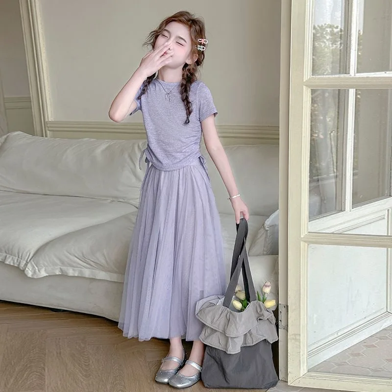 Girls' Summer Outfit Dress, Children's Long Skirt for Older Girls, High-End Two-Piece Skirt Set, Children's Clothing