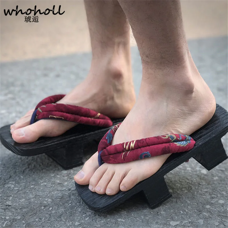 Whoholl original geta homem mulher japonês quimono tamancos cosplay trajes de madeira sapatos flip flops plataforma de dois dentes chinelos