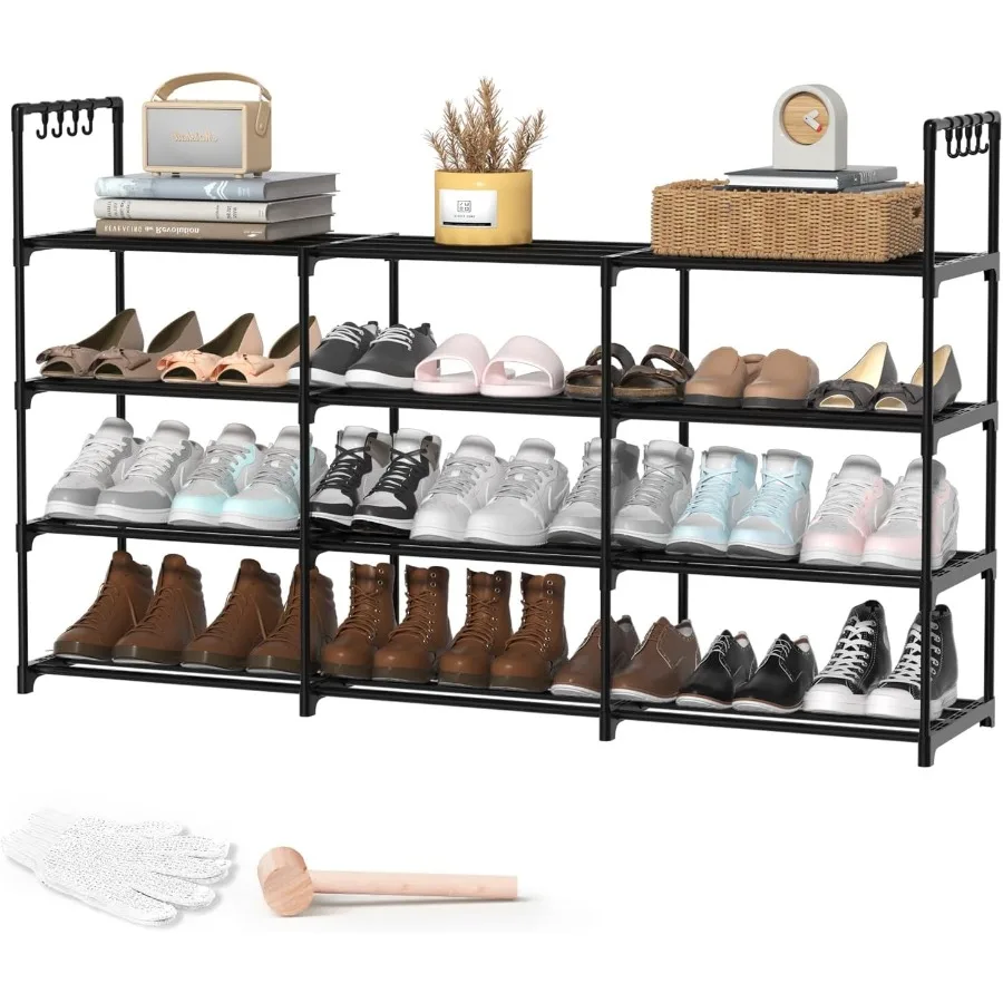 

3-рядная 4-уровневая полка для обуви, черная металлическая штабелируемая полка для обуви с многофункциональными крючками, вмещает 2430 пар, компактный органайзер для обуви f
