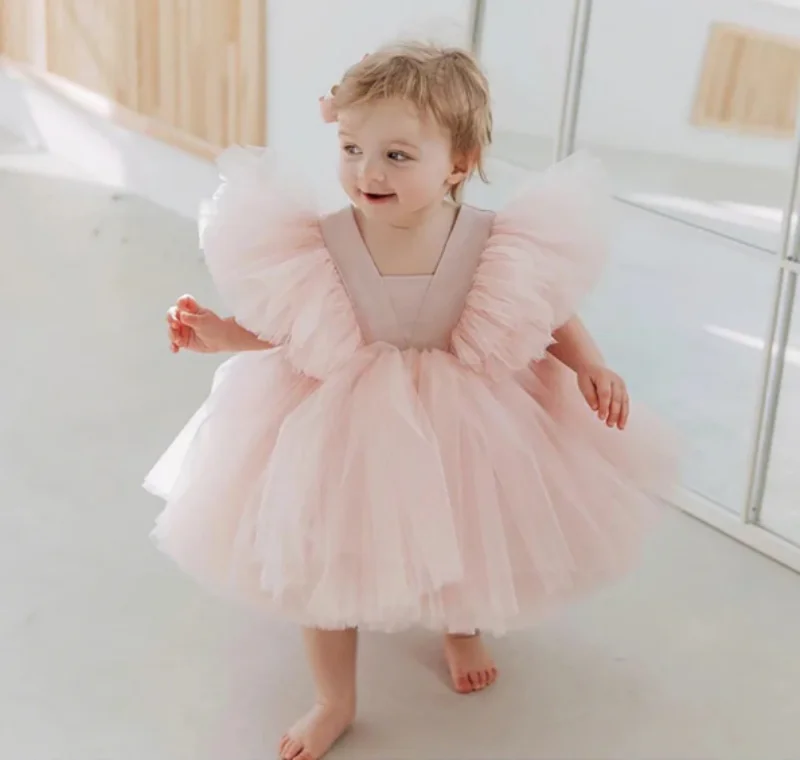 Flower Girl Dresses Pink Tulle Puffy Skirt With Bow Puff Sleeve For Wedding Birthday Party First Communion Gowns