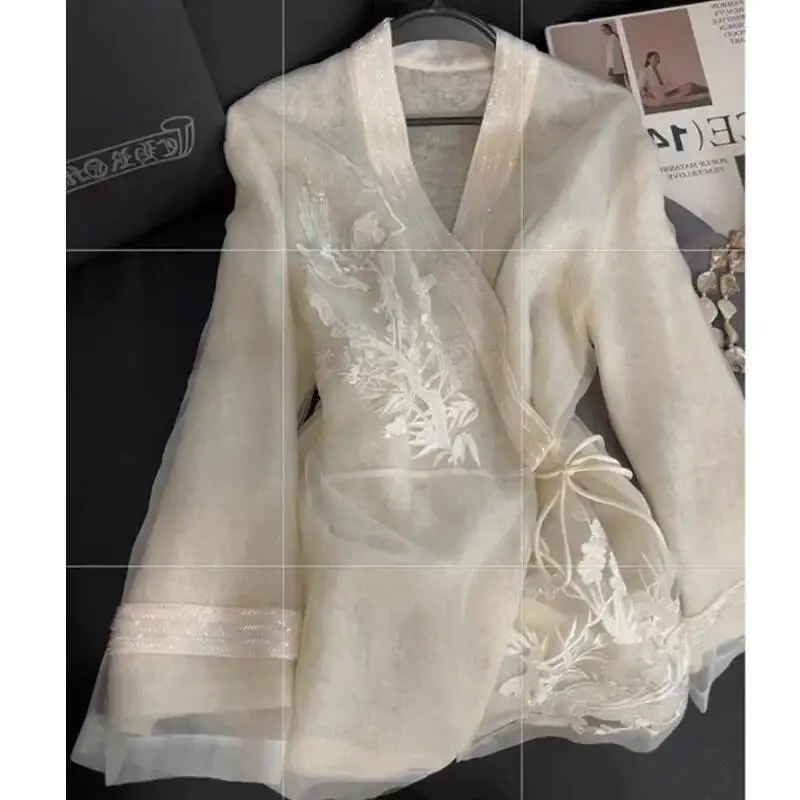 

Fashion Chinese Embroidery Women's Mesh Fairy Gentle Style 2025 New Gentleman's Feelings Tops Shirt V-Neck Pattern