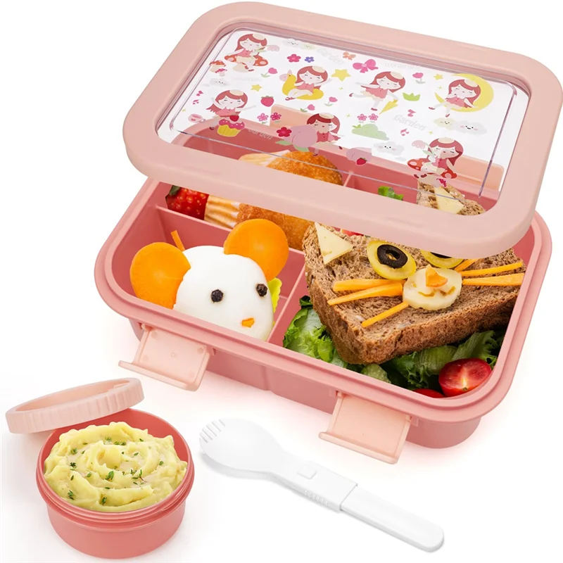 

AB66-Детский ланч-бокс Bento на 32 унции/4 чашки с 3 отделениями, посудой, банка для соуса, микроволновая печь и можно мыть в посудомоечной машине для детей 3 лет+