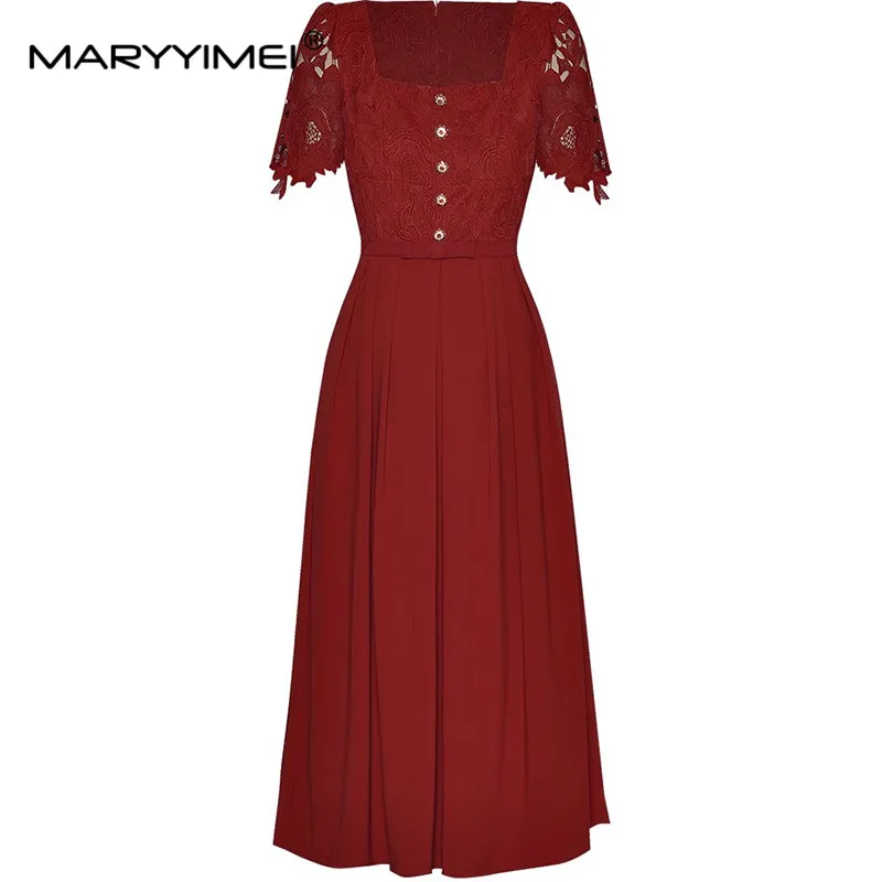 

MARYYIMEI Summer Women's Dress Square-Neck Short-Sleeve Lace Splicing Button Hollow Out vintage Party Dresses