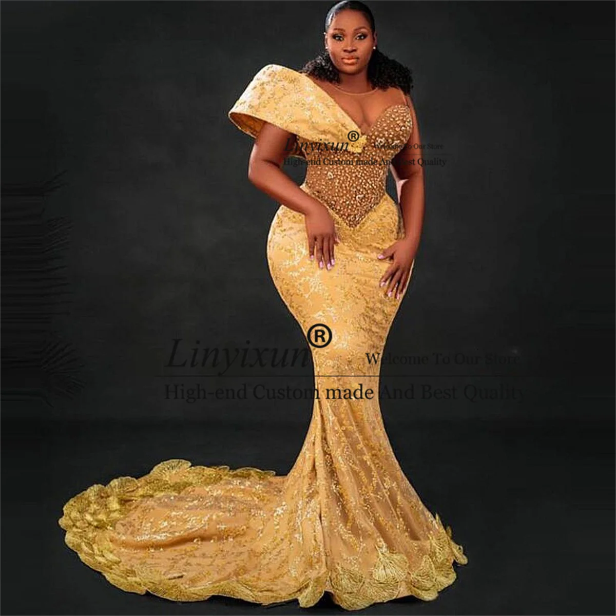 Gold Lace Mermaid Prom Dresses With Sheer Neck Beads Pearls Formal Evening Party Gowns For Black Girls Aso Ebi Robe De Soirée