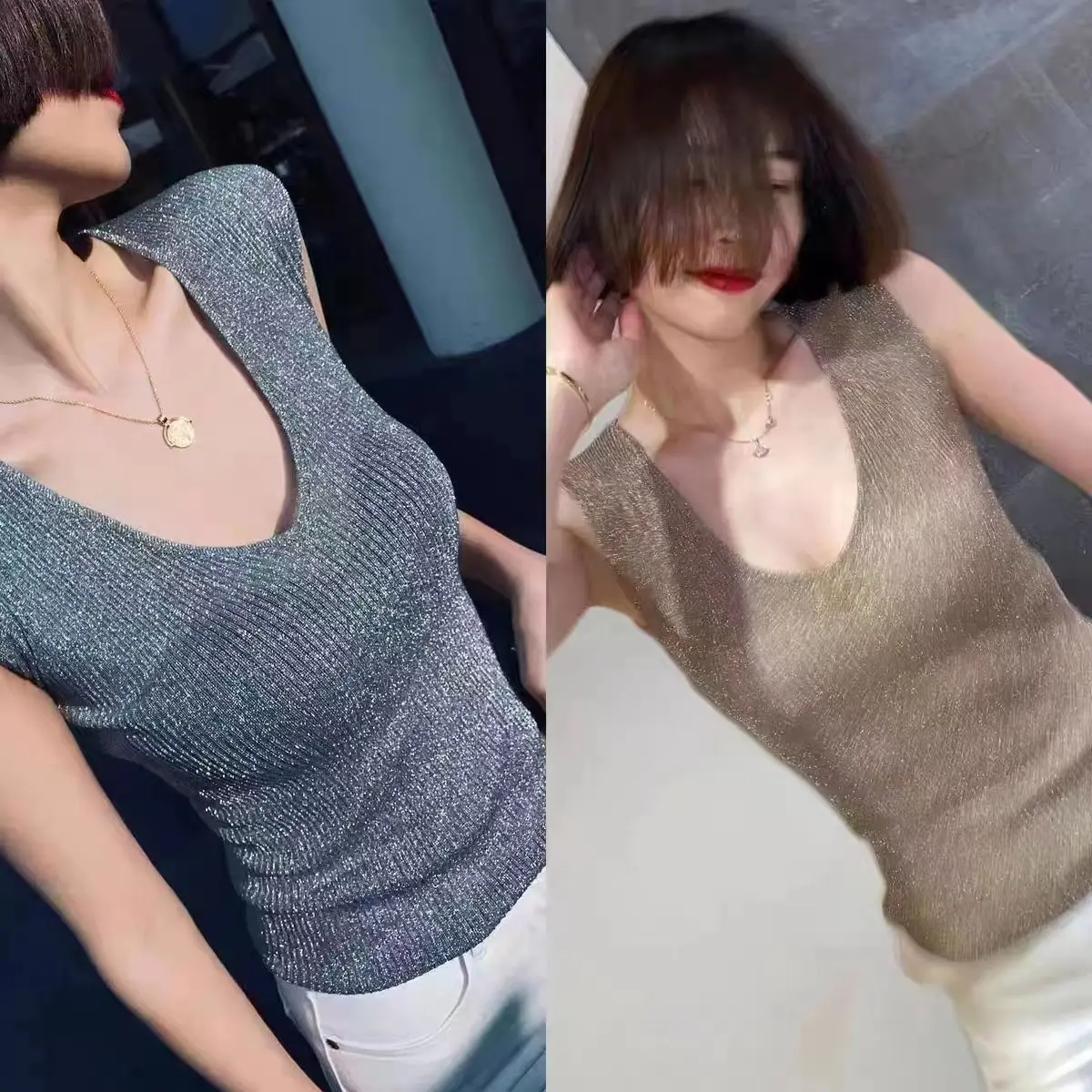 Women Sexy Shiny Lurex V neck Knit Tank Top Slim Basic All Match Gold Basic Camisole Korea Solid Sleeveless Pull Summer Clothes