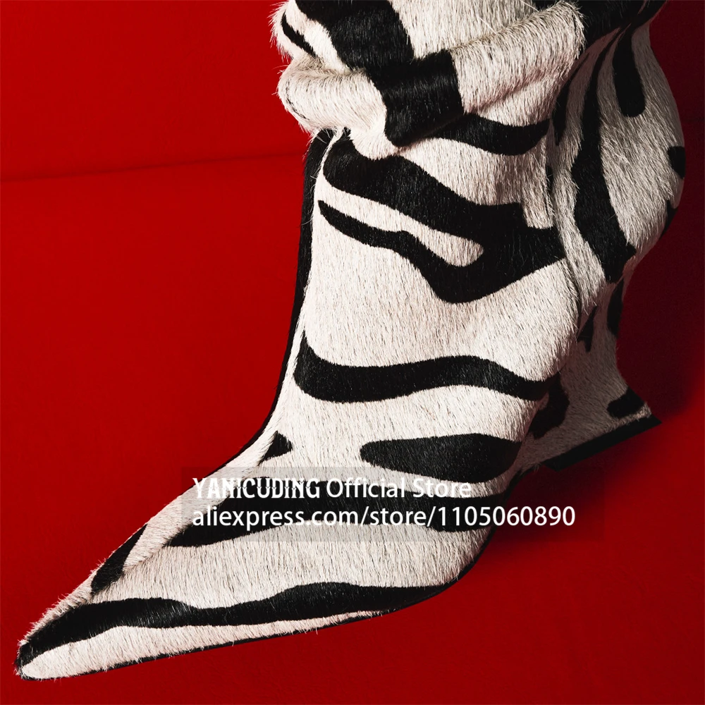 Zebra Horsehair Slouchy Mid Calf Boots Animal Print Pointed Toe Ruched Wedge Heel Boots Zebra Stripe Pony Hair Boots for Women