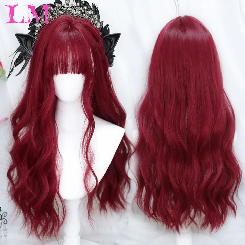 LM Light Wine Red Synthetic Wigs With Bangs for Women Long Wavy Hair Wig Natural Cosplay Party Heat Resistant