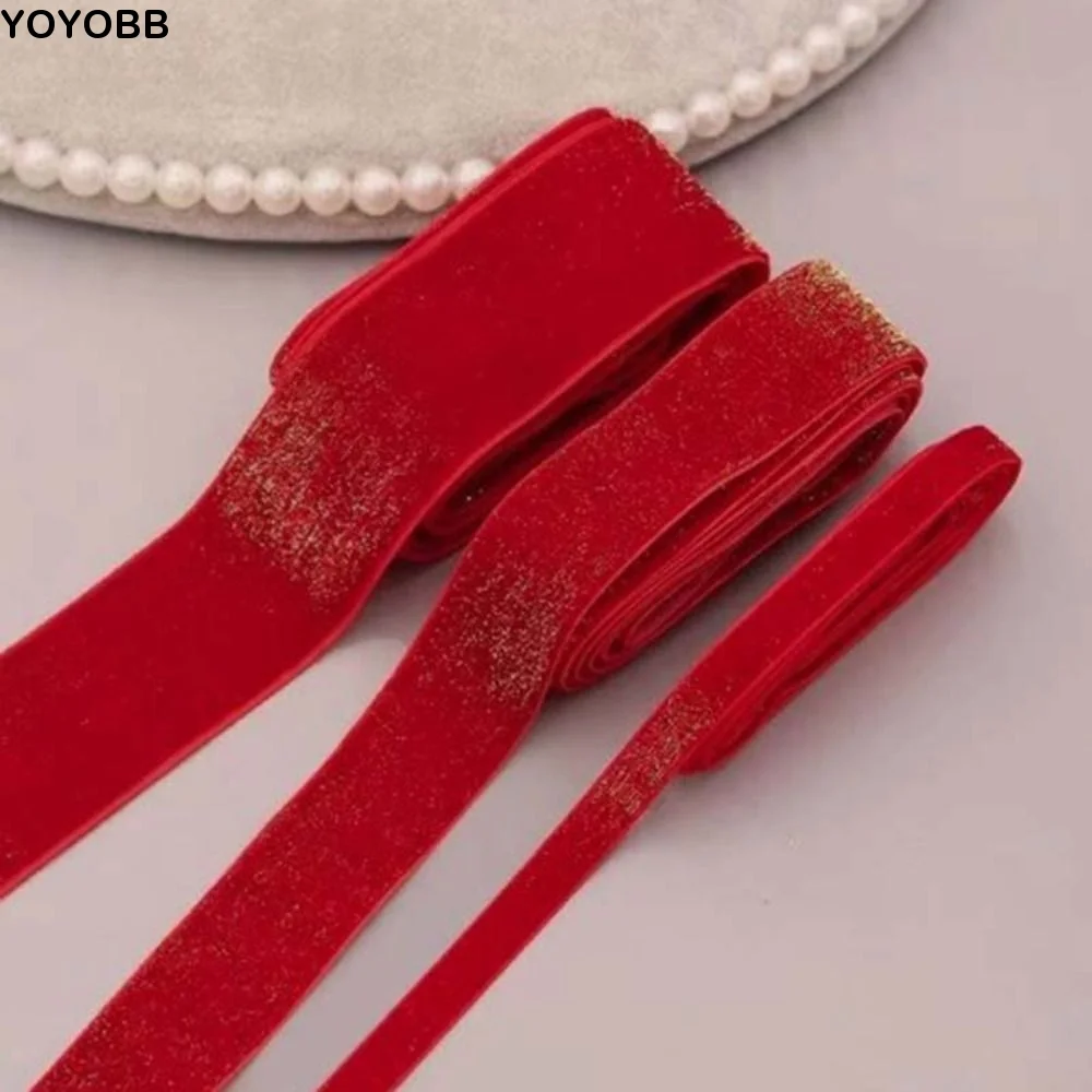 5 Yards Christmas Velvet Ribbon Glitter Various Sizes Wide Red Gold Ribbon DIY Gift Box Packaging Ribbon New Year