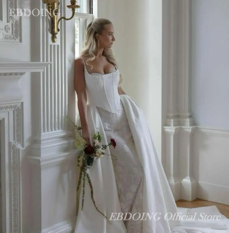 EBDOING Customized Mermaid Wedding Dress 2 in 1 Spaghetti Straps With Detachable Sleeves Bride Gown Vestidos De Novias