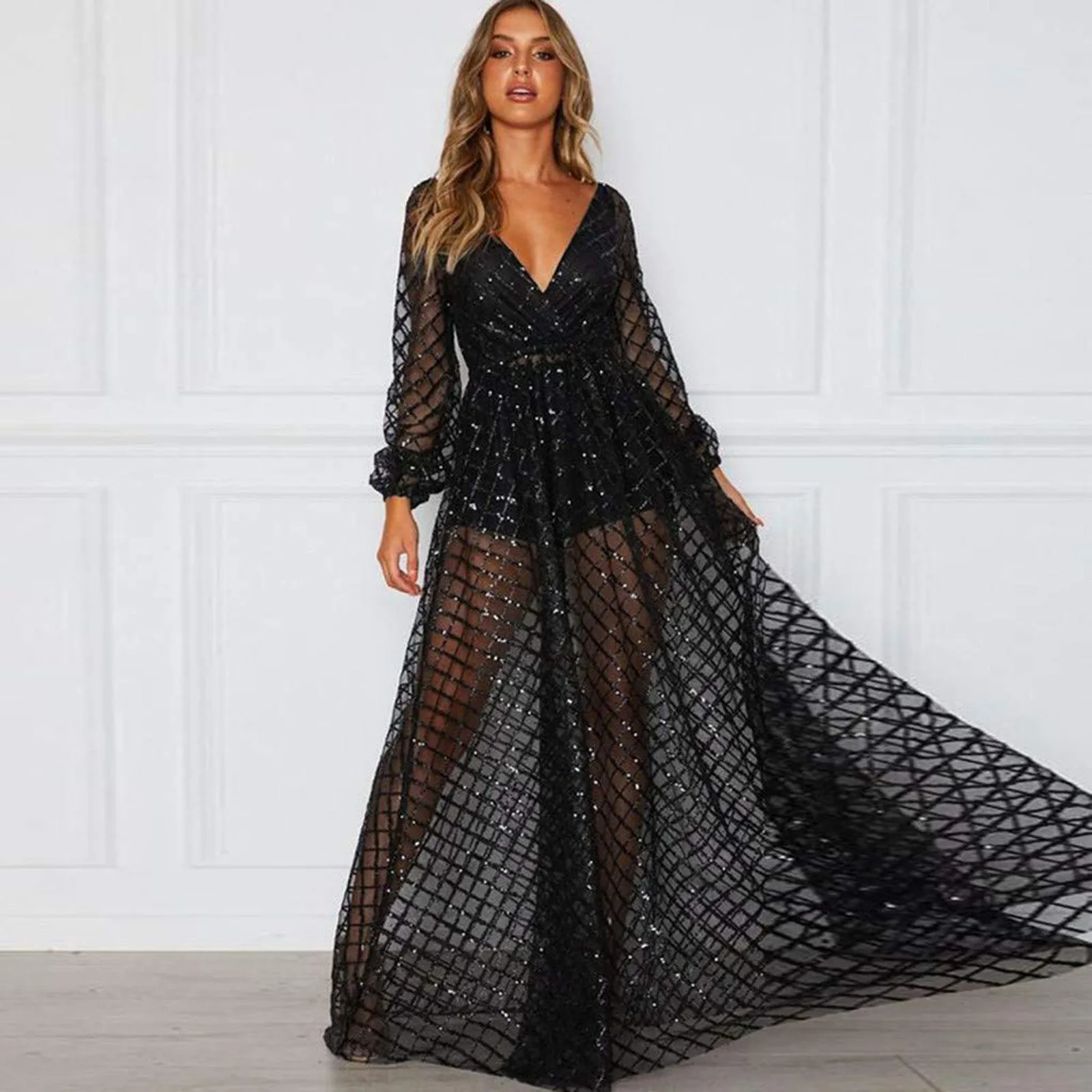 Elegant Women's Long Dresses Long Sleeve V-Neck Floor-Length Gown 2023 Sequined Prom Women A LINE Evening Dress Elbise Kadin