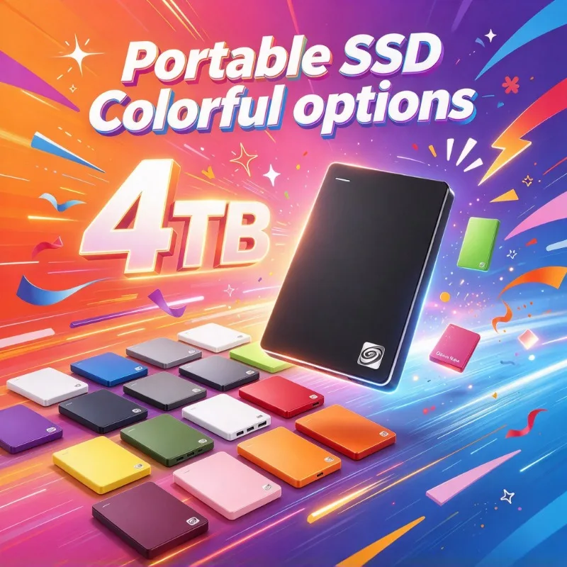 SSD externo portátil de alta velocidade com capacidade de 4 TB, disponível em várias cores, para uso em laptops, computadores de mesa e como armazenamento externo para telemóveis.