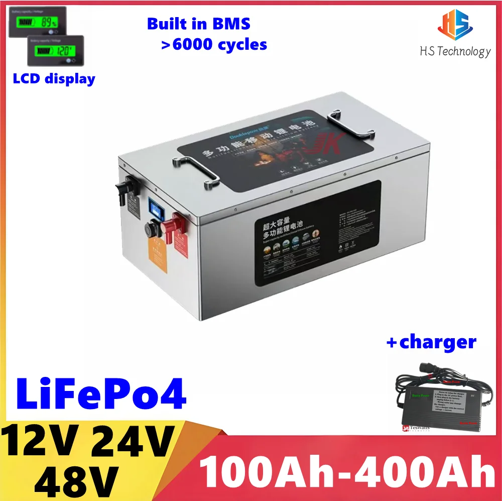 

HS 12V 24V 48V 100Ah 200Ah 300Ah 400Ah LiFePo4 Battery Lithium Batteries For Solar energy Boat inverter Golf Cart Outdoor RV EV