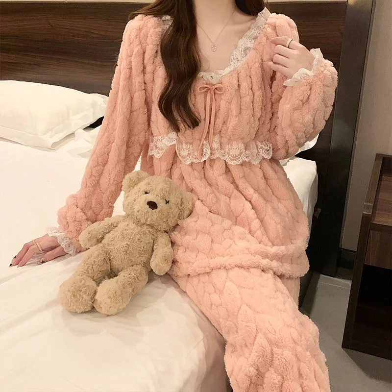 Women Pajamas Autumn Winter Female Coral Velvet Thickened Warm Pure Color Loungewear Suit Casual Comfortable Nightclothes 2024