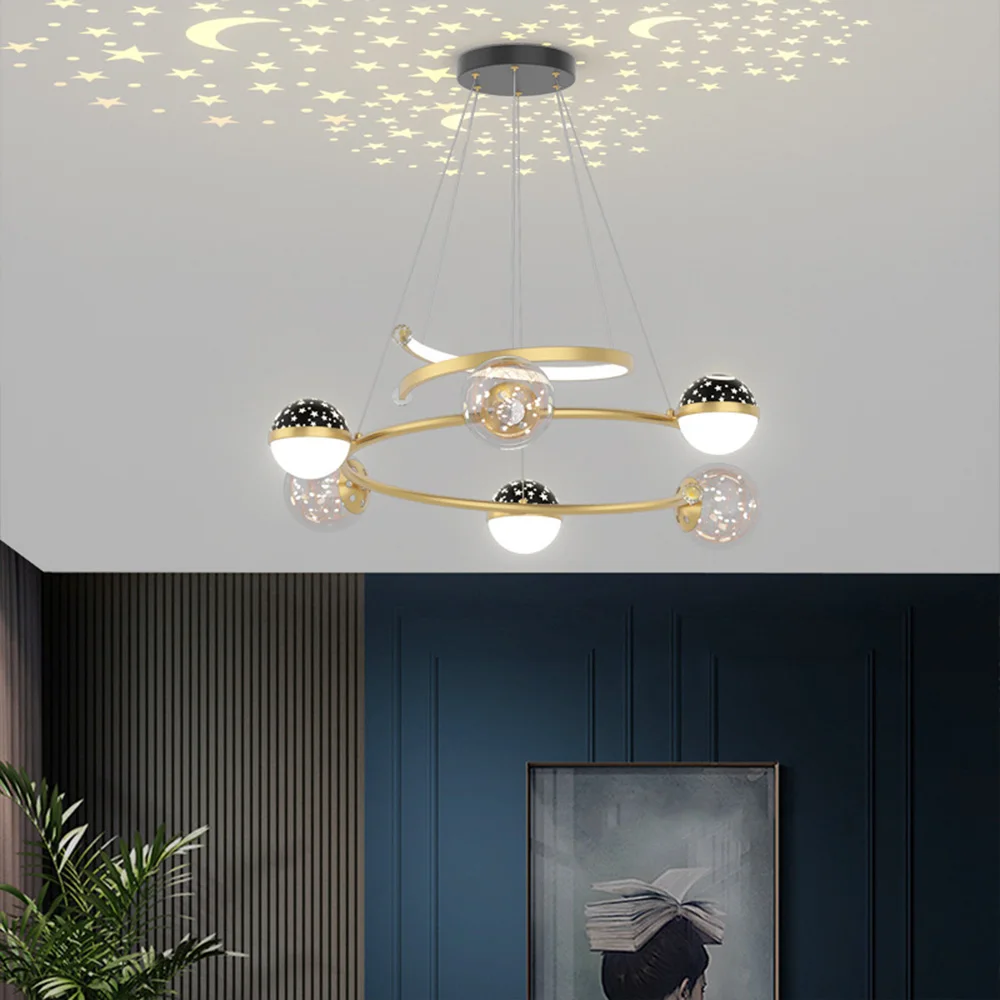 Nordic Restaurant Led Chandelier Creative Net Red Star Ceiling Lamp Modern Bedroom Study Round Decorative Lamp Stepless Dimming