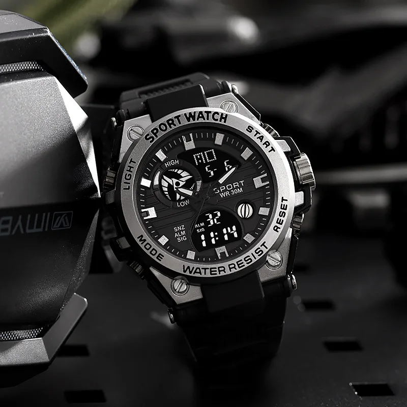 남성용 전자 시계 다기능 청소년 야외 스포츠 발광 석영 듀얼 디스플레이 시계