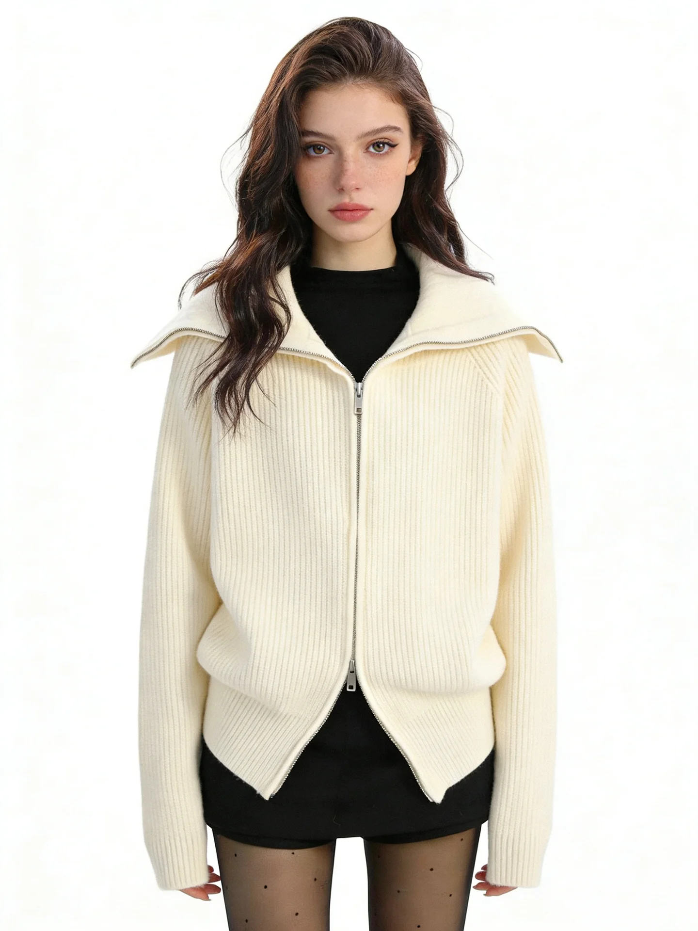 

JYOOK Simple Collar Long Sve Knitted Sweater Women Loose Lazy Top Spring Double Zipper Design Knitwear Casual Sle