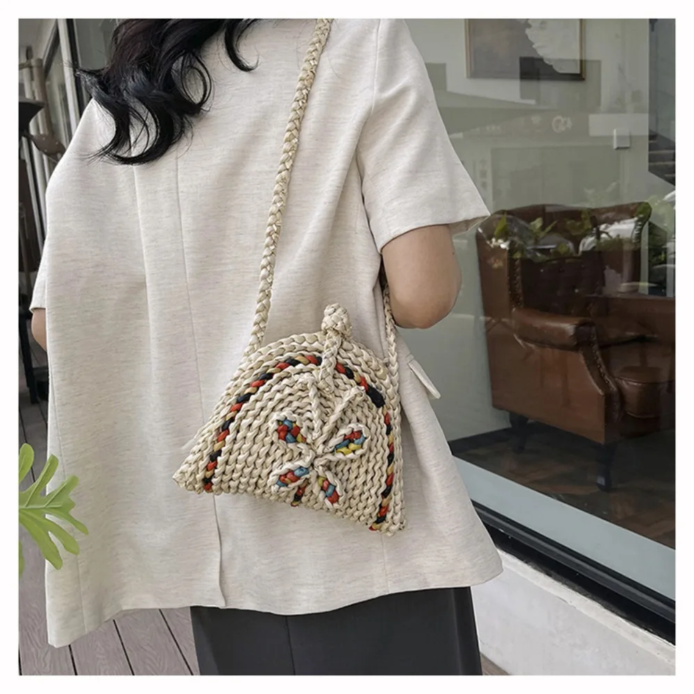 Straw Woven Shoulder Bag Messenger Bag Girl Travel Beach Bag Drawstring Bucket Bag Mini Key Lipstick Bag Coin Purse Bag