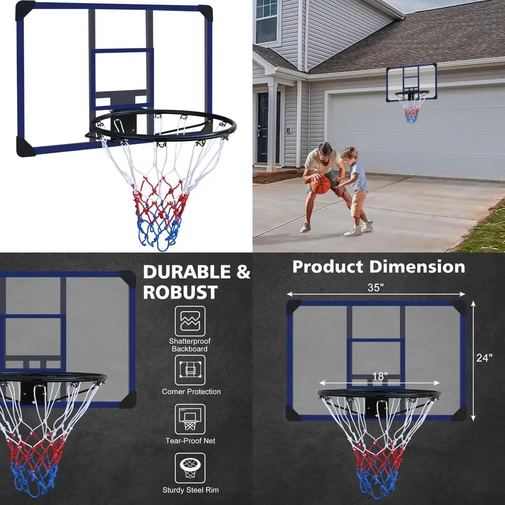 

Indoor/Outdoor Shatterproof Basketball Hoop, 35 x 24 Durable PVC, Folding Design, All-Weather Net for Year-Round Play