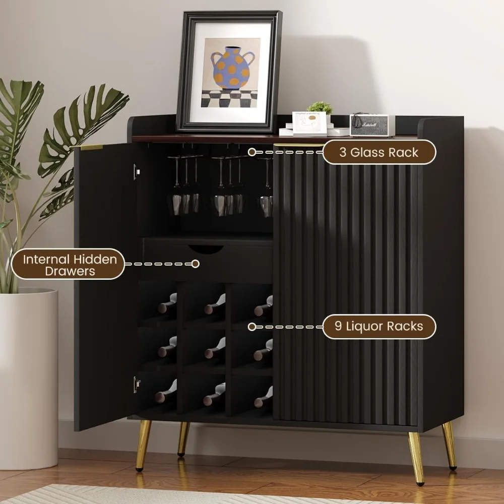 Farmhouse Style Wine Bar Cabinet with Fluted Doors, Glass Holders, and Removable Rack for Modern Coffee Storage
