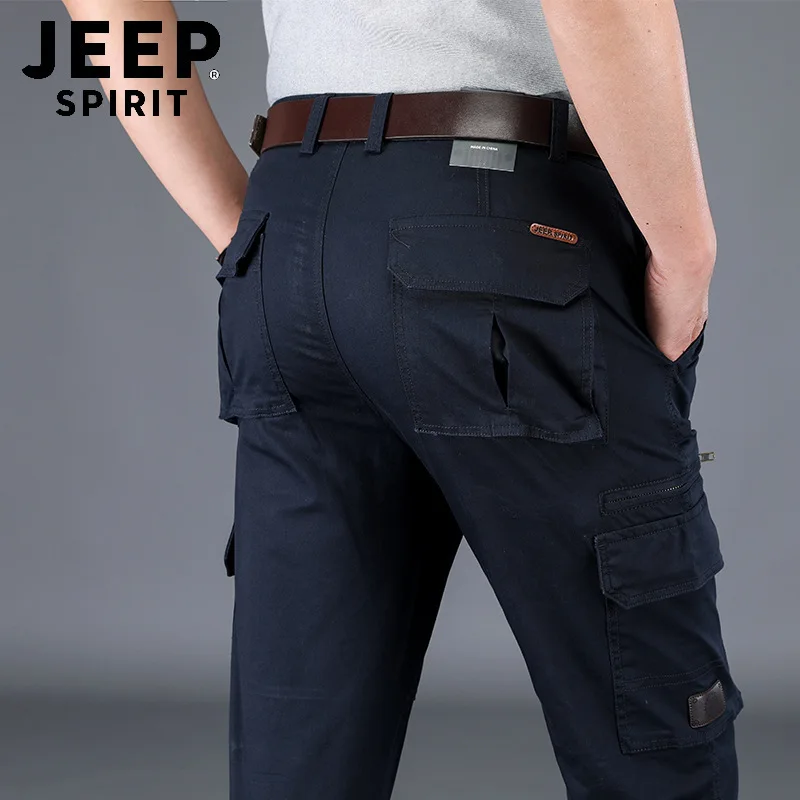 JEEP SPIRIT-Calças masculinas de bolso múltiplo, casual para negócios, moda ao ar livre, 100% algodão, cor sólida micro elástica