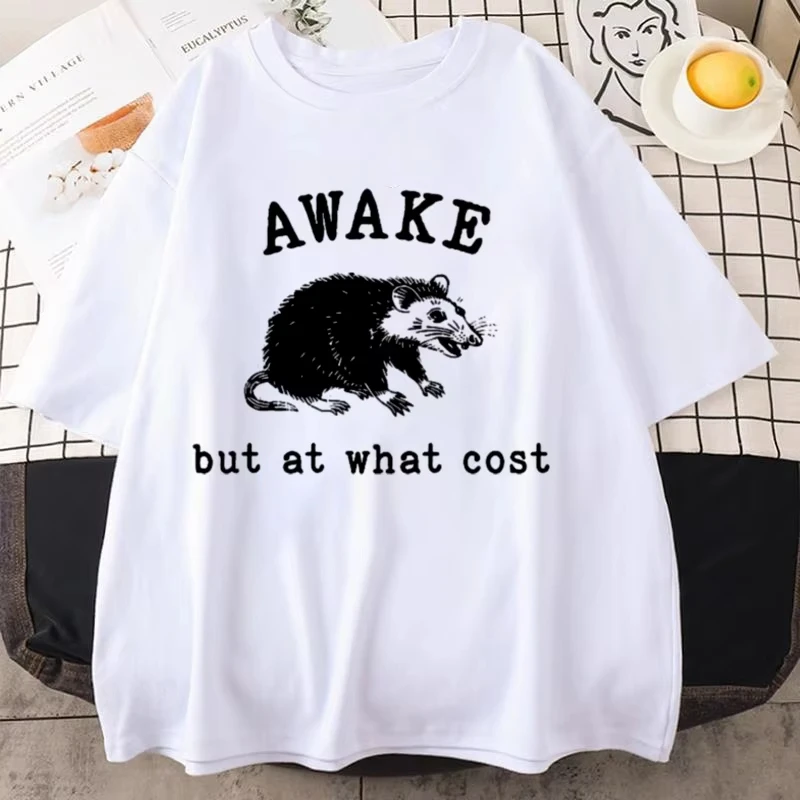 

Awake But At What Cost Retro T-Shirt Funny Possum Graphic T-shirs Sarcastic Sayings T Shirt Vintage 90s Rat Meme T Shirt Tee