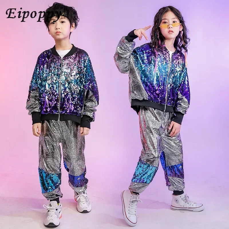 

Performan Clothes Wear Kid Hip Hop Clothing Sequined Coat Jacket Loosed Silver Pants For Girls Boys