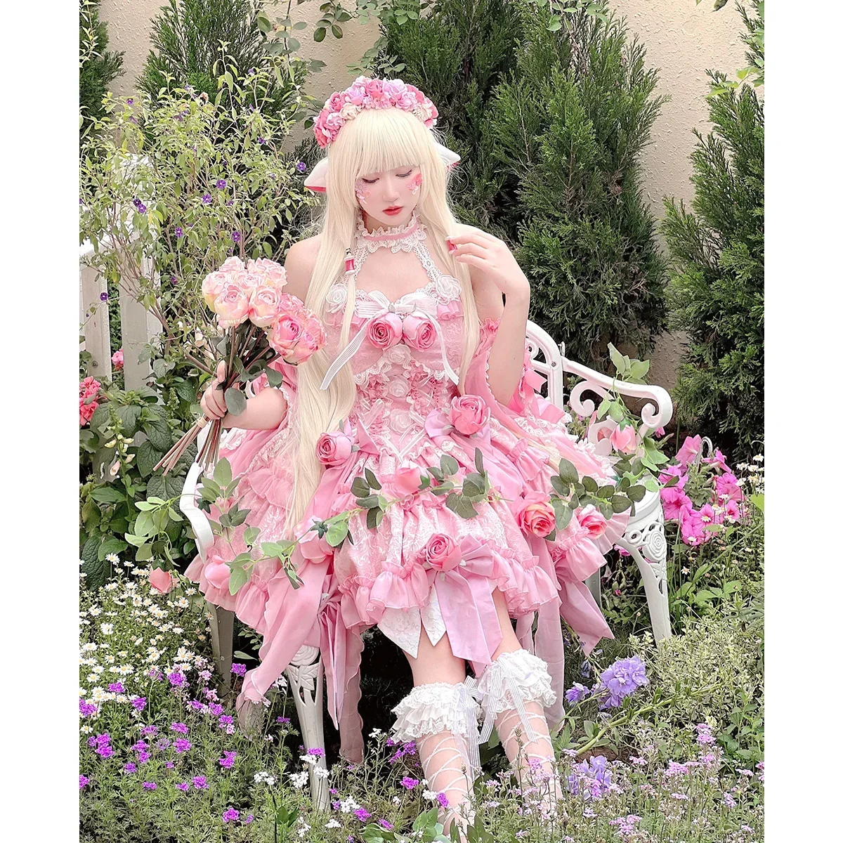 New Original Japanese Harajuku Cool Girl Fashion Pink Dress Female Lolita Temperament Slim Sweet Kawaii Fishbone Rose Jsk Dress