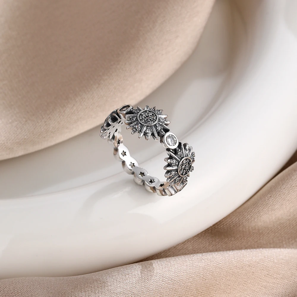 مجموعة خواتم زفاف أصلية من الفضة والنجوم والقمر باللونين الأبيض والأسود للنساء مجوهرات فاخرة وهدايا للحفلات من 1 دولار