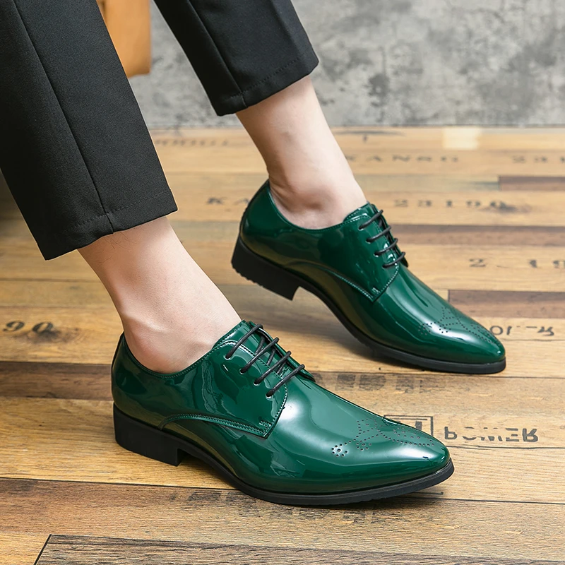 Luxury Brand Genuine Leather Green block Shoes Men Breathable Lace Up Pointed Toe Formal Dress Shoes Party Office high quality