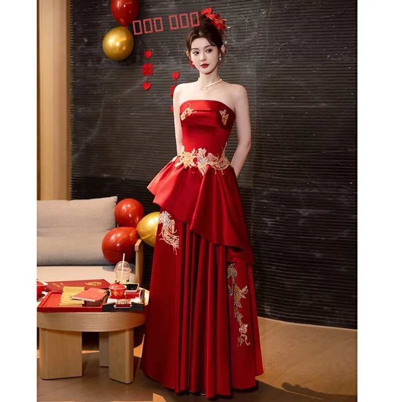 

Red Wedding Dr New Chinese Sle Engagement Dinner Ceremony Women's High Waist Long Skirt Princ Sle Spring Collection