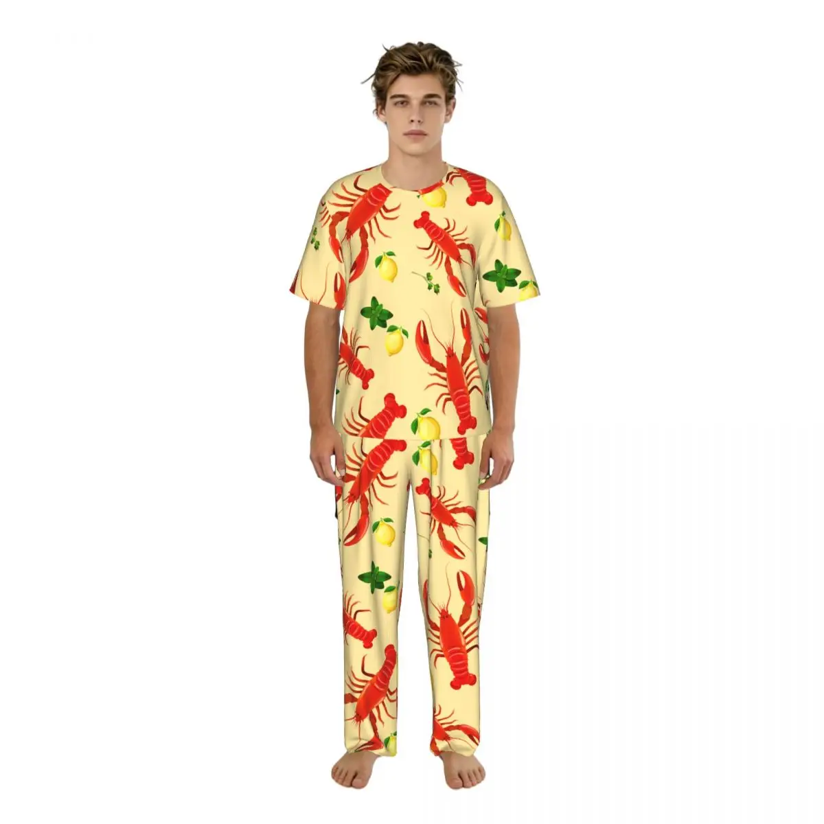 

Men Pajamas Set Lobster Sea Food Lemon Pattern Short Sleeve Spring Summer Lounge Sleepwear Male Nightwear