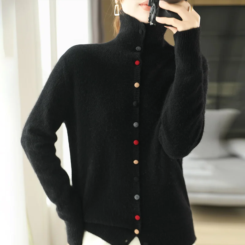 Cárdigan de lana de 100% para mujer, Jersey de punto con solapa, suéter holgado de una sola botonadura, abrigo con botones coloridos, Tops, blusa informal