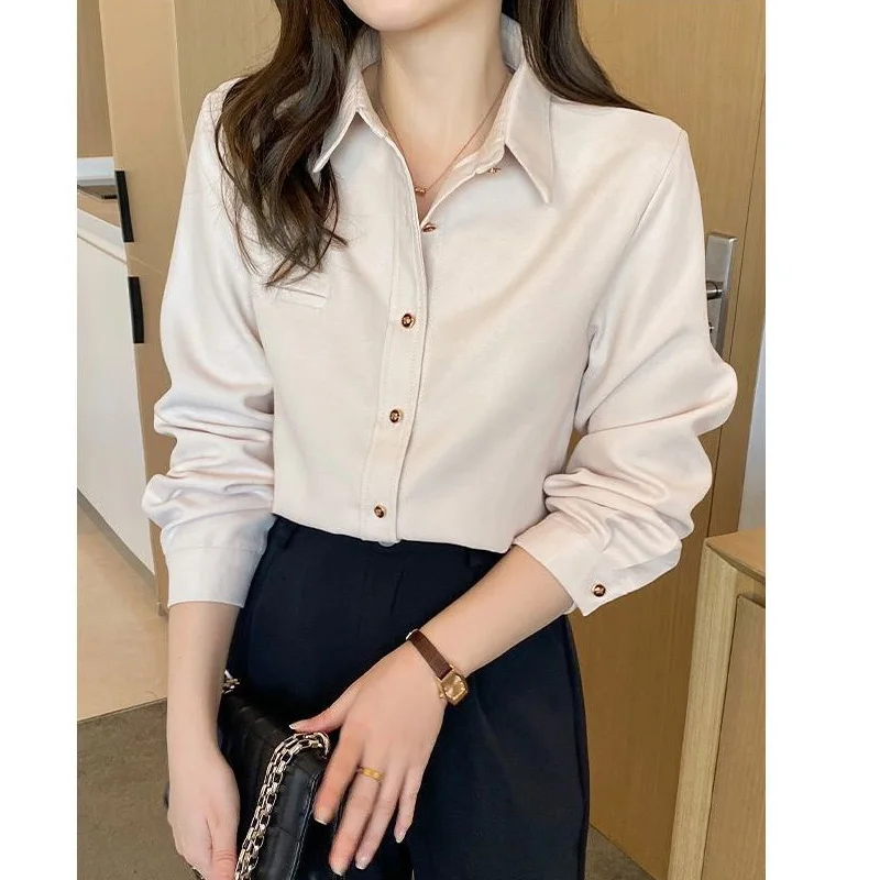 Fashion Solid Color Casual Single-breasted Blouse Women New Long Sleeve Occupation Polo Collar Korean Office All-match Shirt