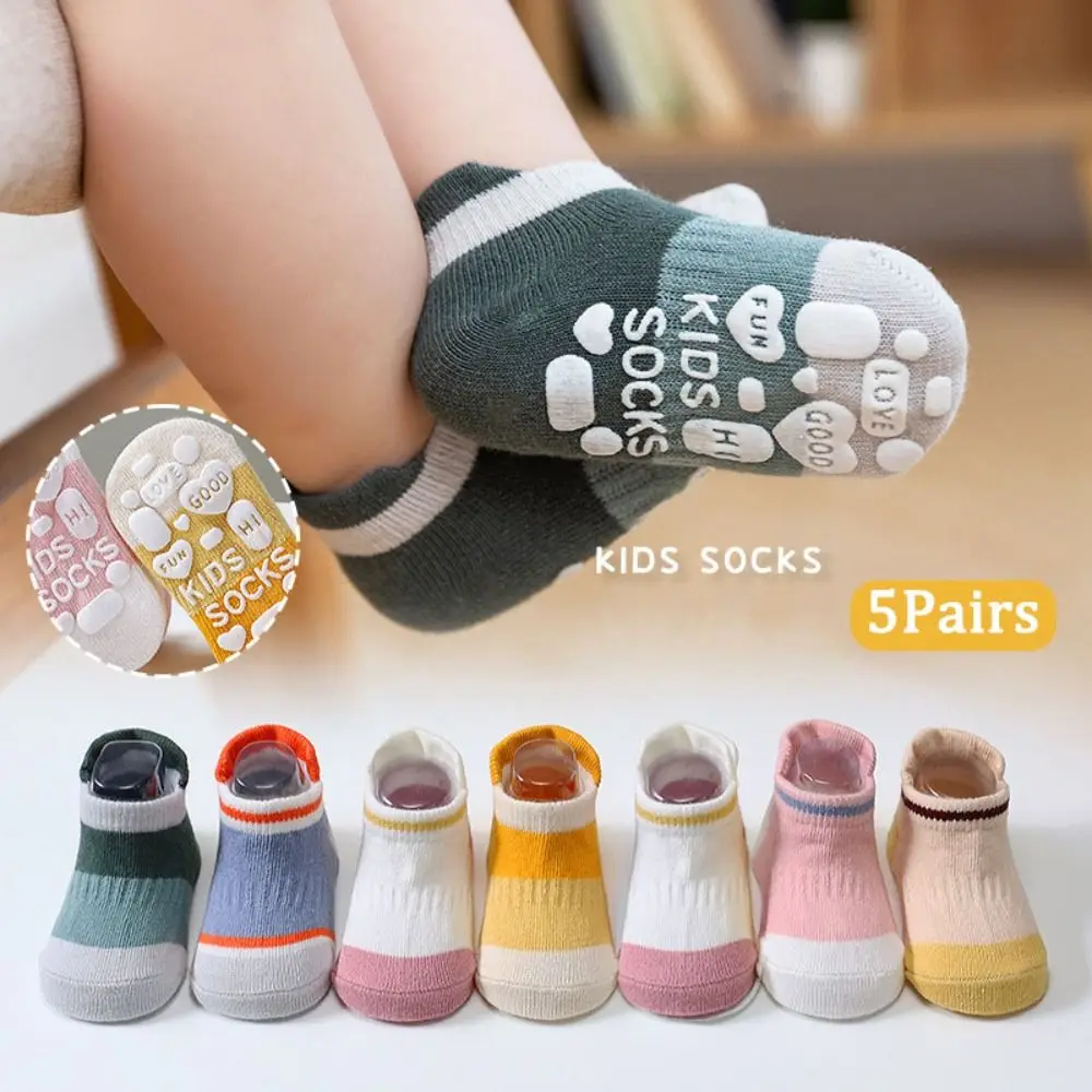 5Pairs Sweat Absorbent Cotton Baby Floor Socks Short Tube Letter Kids Ankle Sock Breathable Hosiery Toddle Walking Socks Daily