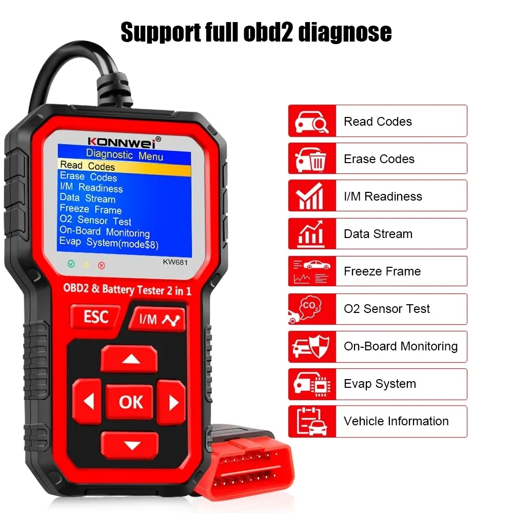 KONNWEI KW681 6V 12V Car Motorcycle Battery Tester  Obd 2 Auto Diagnostic Tool 2 in1 2000 CCA Car Diagnostics Obd2 Scanner