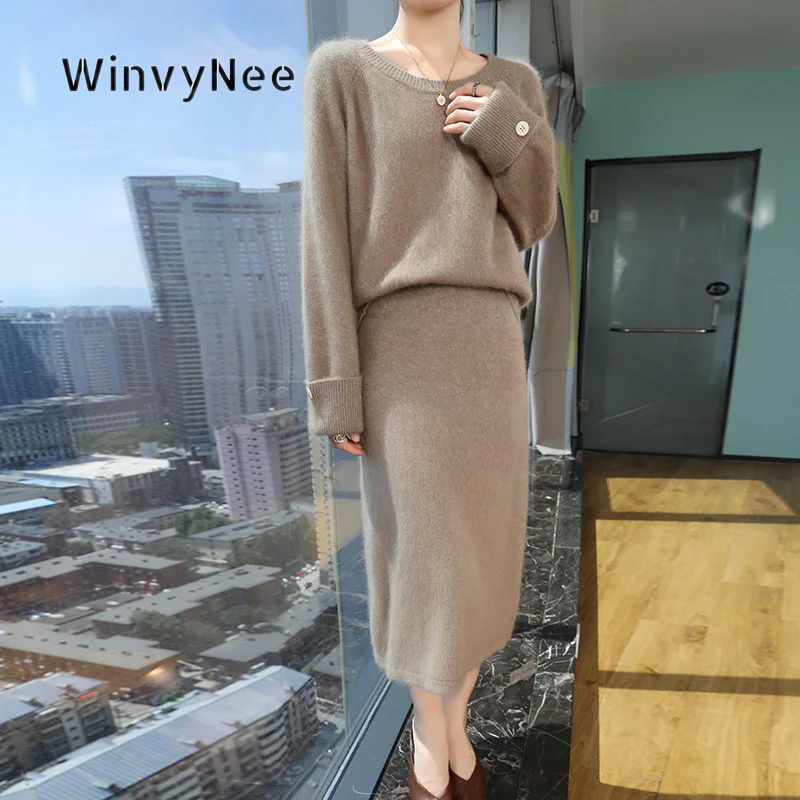WinvyNee Women Two Piece Set Mink Cashmere Relaxed One‑Shoulder Brushed Fabric Elegant Daily Outfit Office Urban Glow F1248053