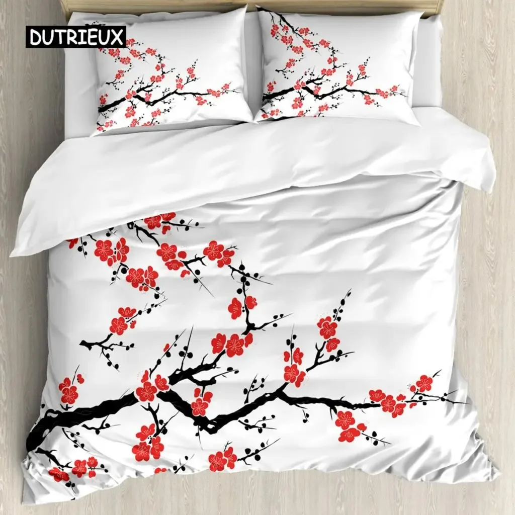 Japanese Duvet Cover Set Simplistic Cherry Blossom Tree Botanic Themed Pattern Fresh Bedding Set for Kids Girls