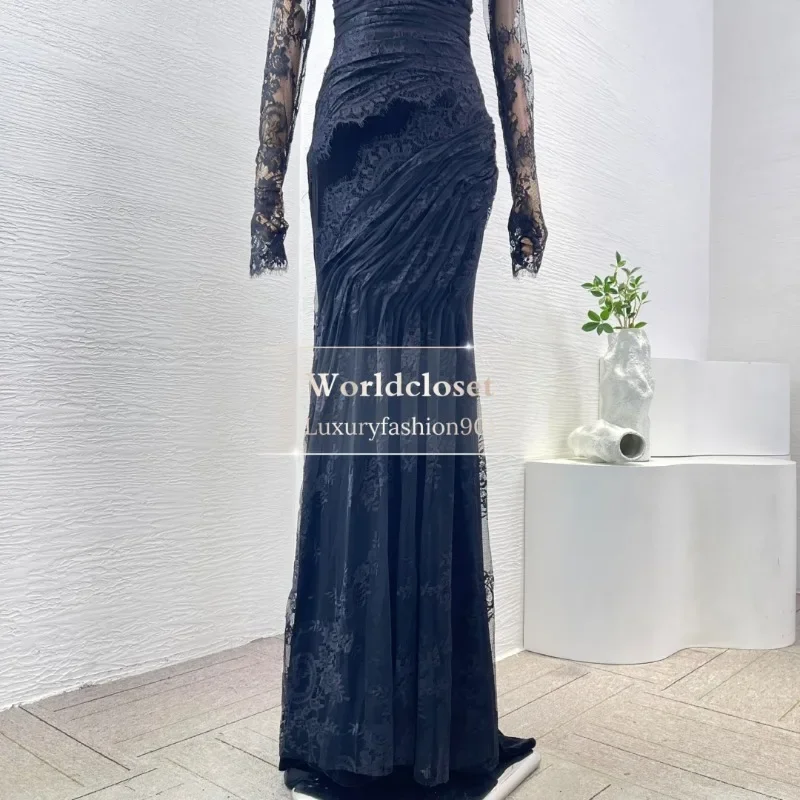 Women's Good Guality Black Diamonds Lace Patchwork Long Sleeve Cut Out Maxi Dress