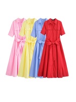 2025 Women Summer MIDI Shirts Dress Casual Solid Short Sleeve Sashes Bow Poplin Female Elegant Street Dresses Clothing